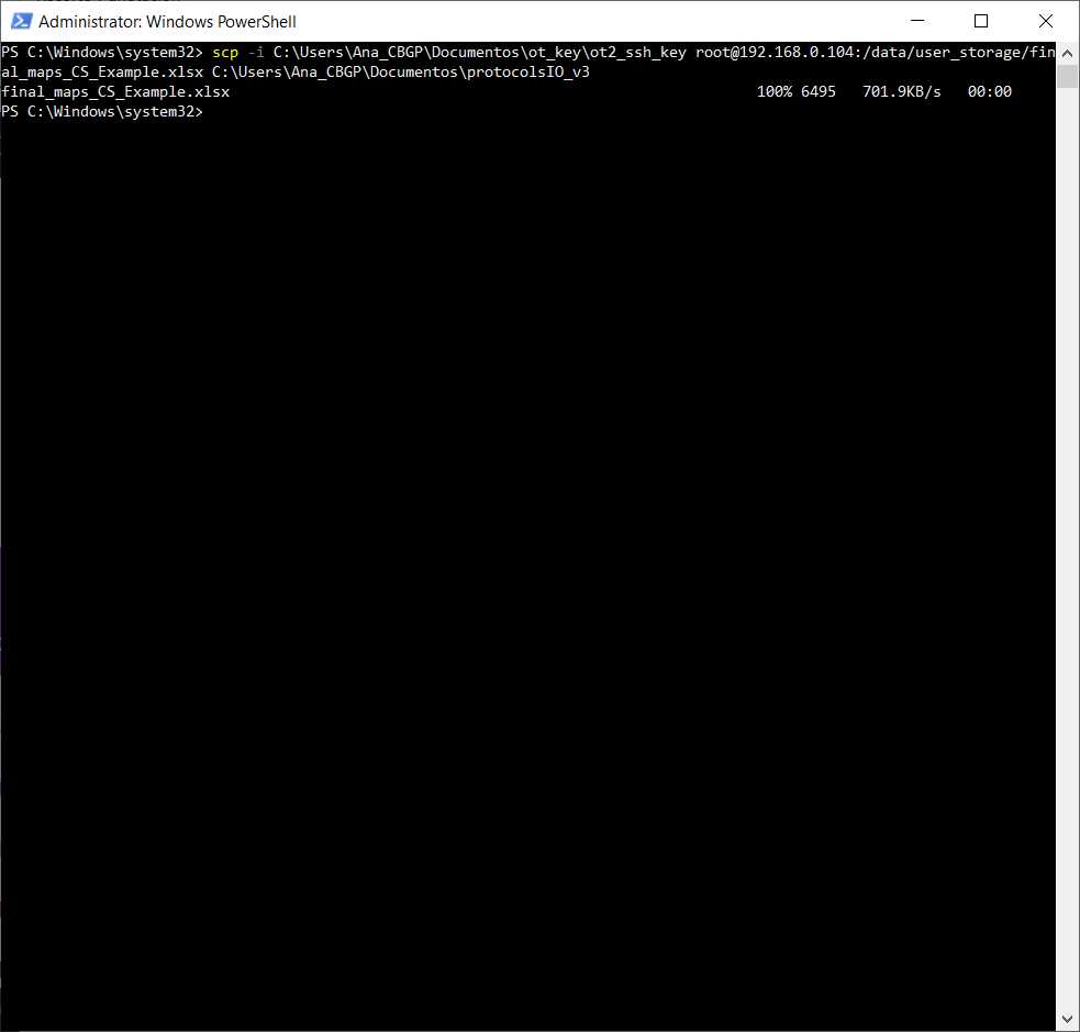 command line windows with the transfer command of the samples map from the OT to our computer command line windows with the transfer command of the samples map from the OT to our computer