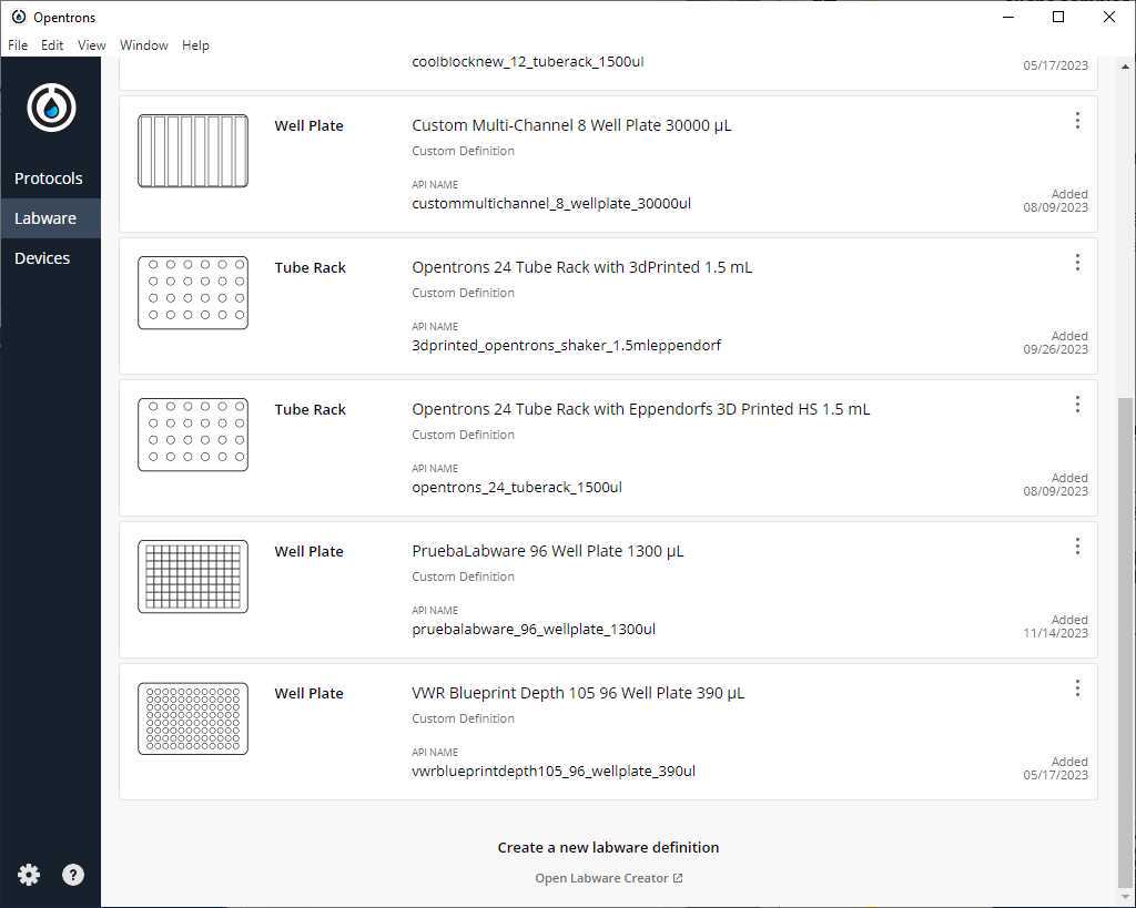 List of custom labware recorded in the Opentrons App List of custom labware recorded in the Opentrons App