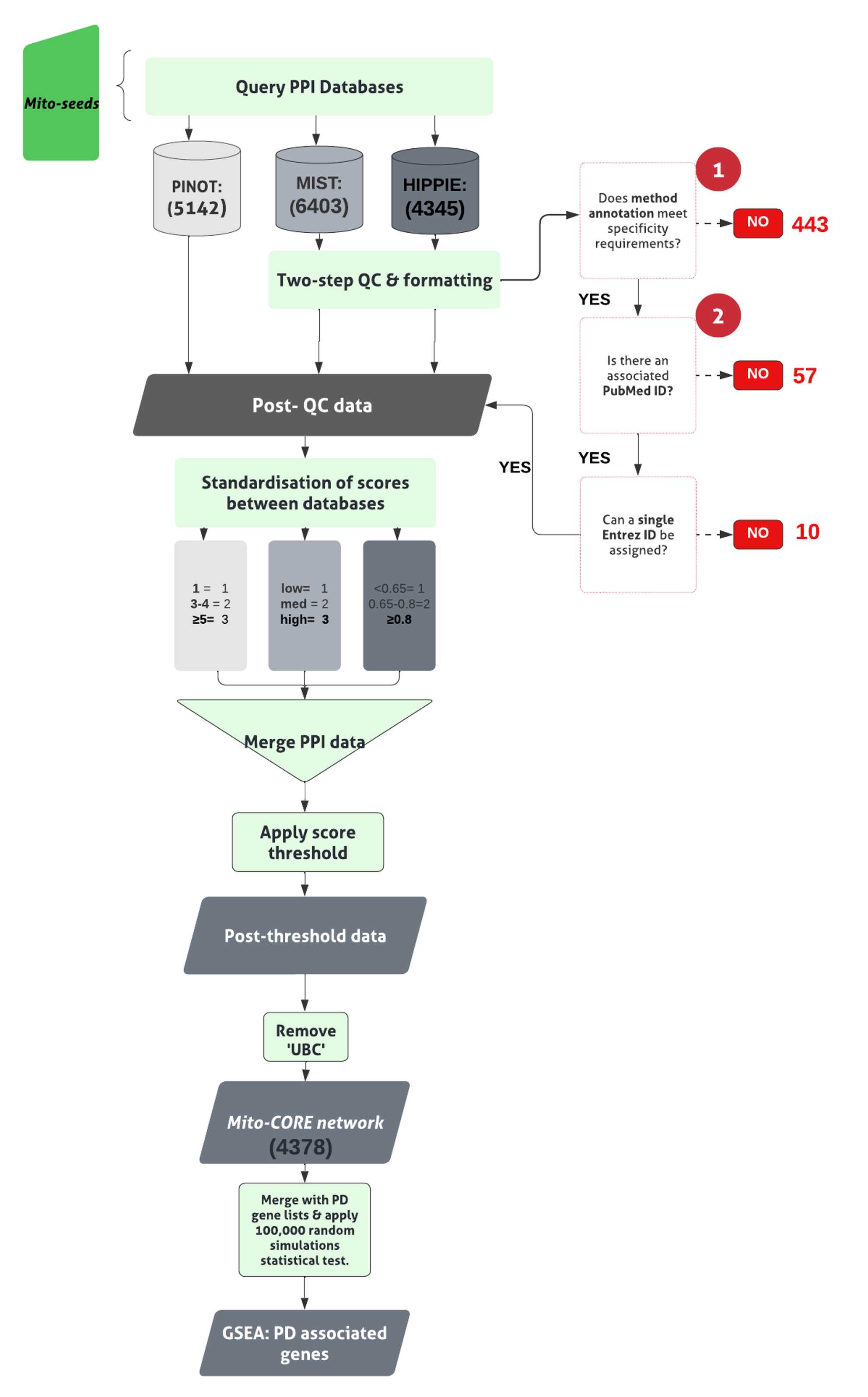 Figure 2. W-PPI-NA pipeline. Building the Mito-CORE network, and application of PD Gene-set enrichment analysis (GSEA). ‘Mito-seeds’ refers to the mitochondrial first layer members of the NSL interactome. Circled numbers ( 1 & 2) indicate the two stages of quality control (QC) applied . Numbers provided in brackets indicate total number of interactions retained at each stage. * score threshold is applied as described in the pipeline in Figure 1, after the ‘Merge PPI data’ step. Figure 2. W-PPI-NA pipeline. Building the Mito-CORE network, and application of PD Gene-set enrichment analysis (GSEA). ‘Mito-seeds’ refers to the mitochondrial first layer members of the NSL interactome. Circled numbers ( 1 & 2) indicate the two stages of quality control (QC) applied . Numbers provided in brackets indicate total number of interactions retained at each stage. * score threshold is applied as described in the pipeline in Figure 1, after the ‘Merge PPI data’ step.