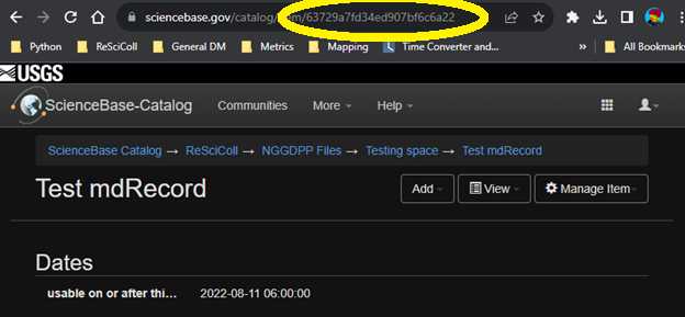 Figure 56: Example ScienceBase archive page highlighting the item ID to be copied and imported into mdEditor. Figure 56: Example ScienceBase archive page highlighting the item ID to be copied and imported into mdEditor.