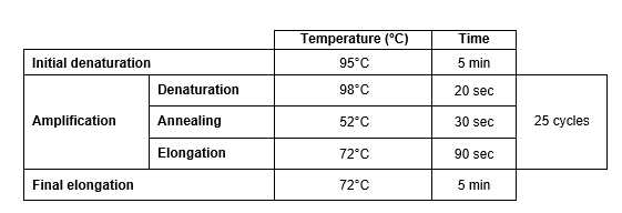 Table 4: Thermal conditions using KAPA HiFi HotStart ReadyMix® for the first round Table 4: Thermal conditions using KAPA HiFi HotStart ReadyMix® for the first round