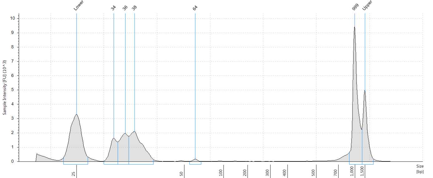 TapeStation profile of cDNA amplicons of high Ct value or degraded wastewater sample. Notice measurable peak at 64 bp and unmeasurable peaks to the right. TapeStation profile of cDNA amplicons of high Ct value or degraded wastewater sample. Notice measurable peak at 64 bp and unmeasurable peaks to the right.