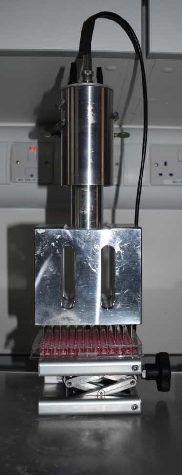 Ultrasound probe submerged in sample Ultrasound probe submerged in sample