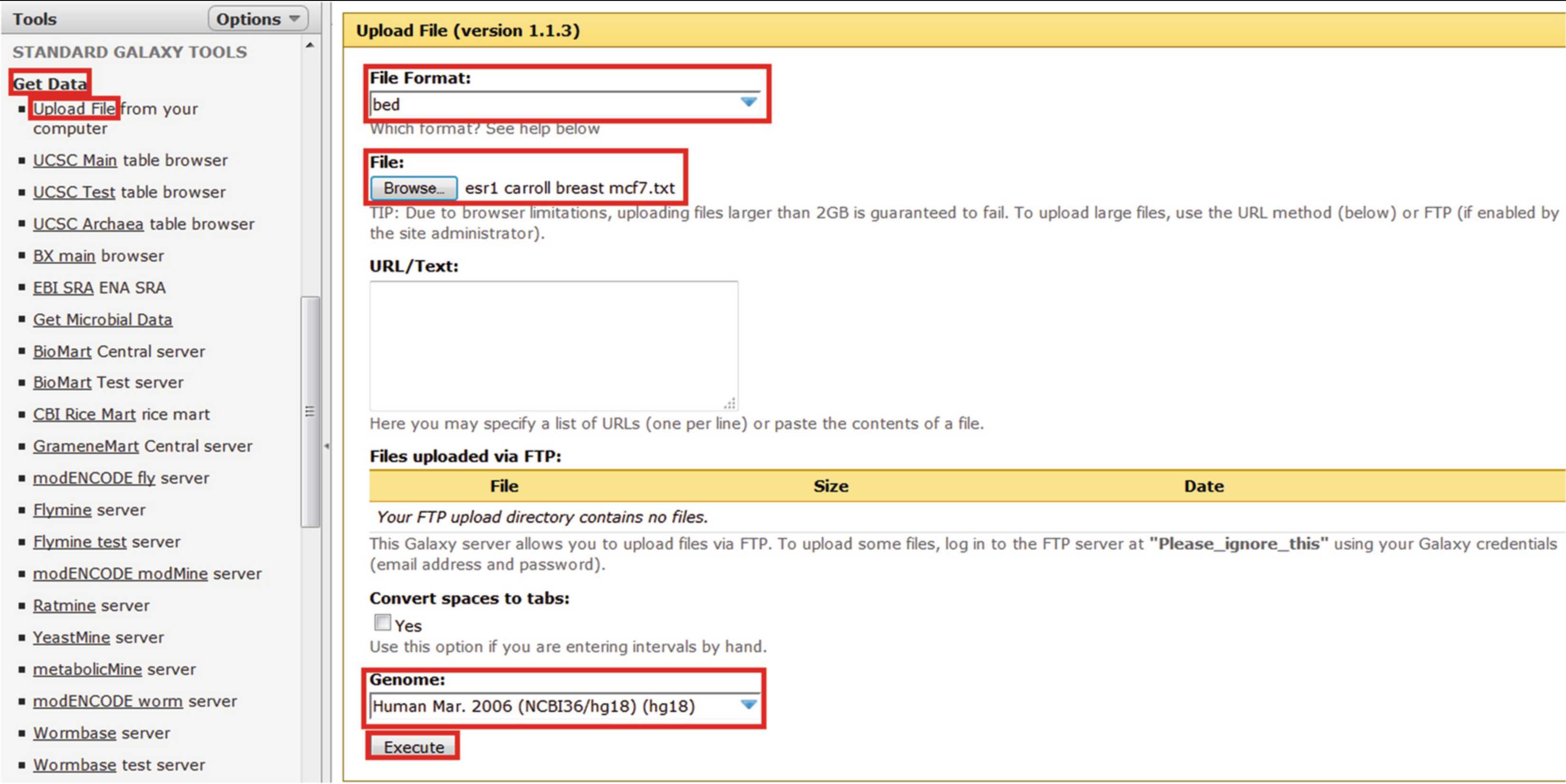 Fig. 1Uploading files to the Galaxy/Genomic HyperBrowser server. Select “Get Data > Upload files,” select the correct file type (in this case “bed” for ChIP-seq data or “txt” for transcriptomic data), select the file location using the “browse” button, select the correct genome build, and then select “Execute” Fig. 1Uploading files to the Galaxy/Genomic HyperBrowser server. Select “Get Data > Upload files,” select the correct file type (in this case “bed” for ChIP-seq data or “txt” for transcriptomic data), select the file location using the “browse” button, select the correct genome build, and then select “Execute”