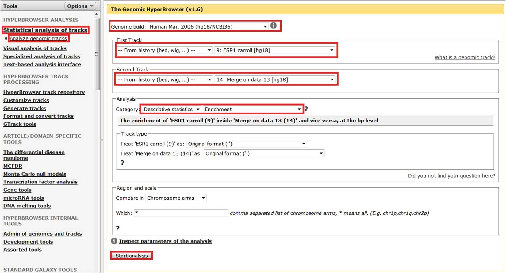 Fig. 3Performing enrichment analysis. Select “Statistical analysis of tracks > Analyze genomic tracks,” select the genome build, select that each track for analysis will be from your history and then select the appropriate track, select “Descriptive statistics,” select “Enrichment,” and then select “Start analysis” Fig. 3Performing enrichment analysis. Select “Statistical analysis of tracks > Analyze genomic tracks,” select the genome build, select that each track for analysis will be from your history and then select the appropriate track, select “Descriptive statistics,” select “Enrichment,” and then select “Start analysis”