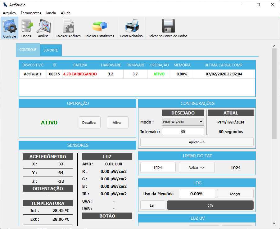 Tela de controle do software ActStudio mostrando um actígrafo conectado.Fonte: Condor Instruments. Tela de controle do software ActStudio mostrando um actígrafo conectado.Fonte: Condor Instruments.