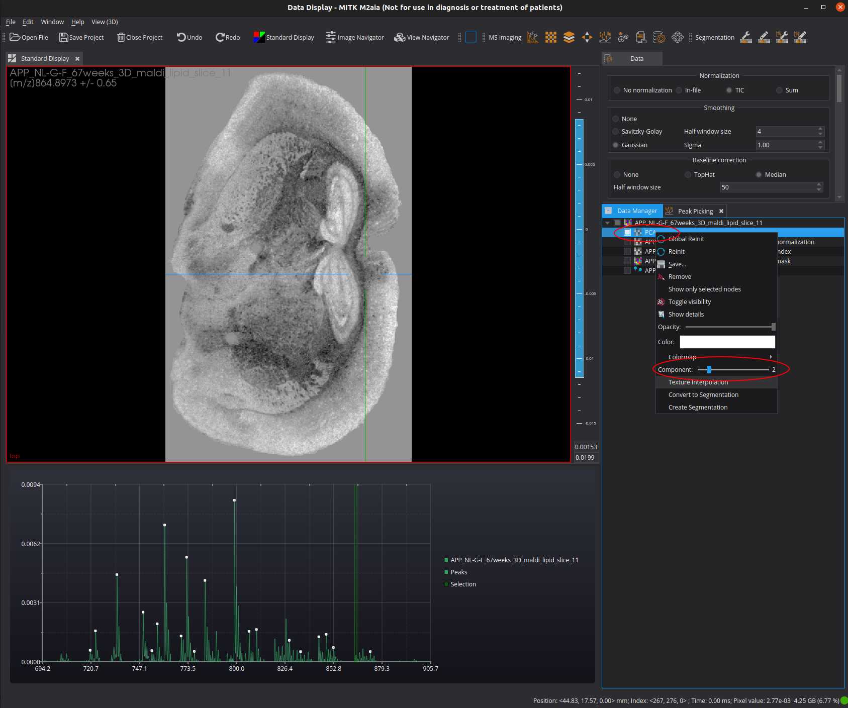 M²aia application with selected 3rd component of the PCA image. M²aia application with selected 3rd component of the PCA image.