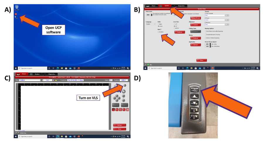 Figure 2. Quality check and printer setup. A) Open UCP software. B) Ensure Auto Z box is check in Systems tab and then turn on VLS instrument with software C) Click on the Viewer tab. Turn on instrument using UCP software, or D) Alternatively turn on instrument manually. Figure 2. Quality check and printer setup. A) Open UCP software. B) Ensure Auto Z box is check in Systems tab and then turn on VLS instrument with software C) Click on the Viewer tab. Turn on instrument using UCP software, or D) Alternatively turn on instrument manually.