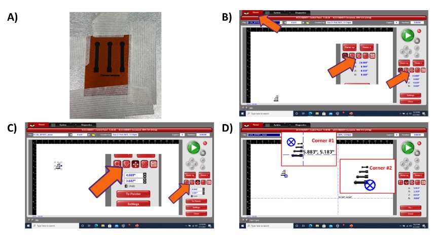 Figure 3. Image processing. A) Tape sample onto table. B)Scale is corrected (using the original image software). The scalebar on the instrument and the software should be used as a ruler to ensure the correct scale is used. C) Use “move to position” feature to check corners of the carving space. D) Move the laser to at least two corners of the image to check the IR laser in the instrument is aligned on the sample (and not the tape) Figure 3. Image processing. A) Tape sample onto table. B)Scale is corrected (using the original image software). The scalebar on the instrument and the software should be used as a ruler to ensure the correct scale is used. C) Use “move to position” feature to check corners of the carving space. D) Move the laser to at least two corners of the image to check the IR laser in the instrument is aligned on the sample (and not the tape)