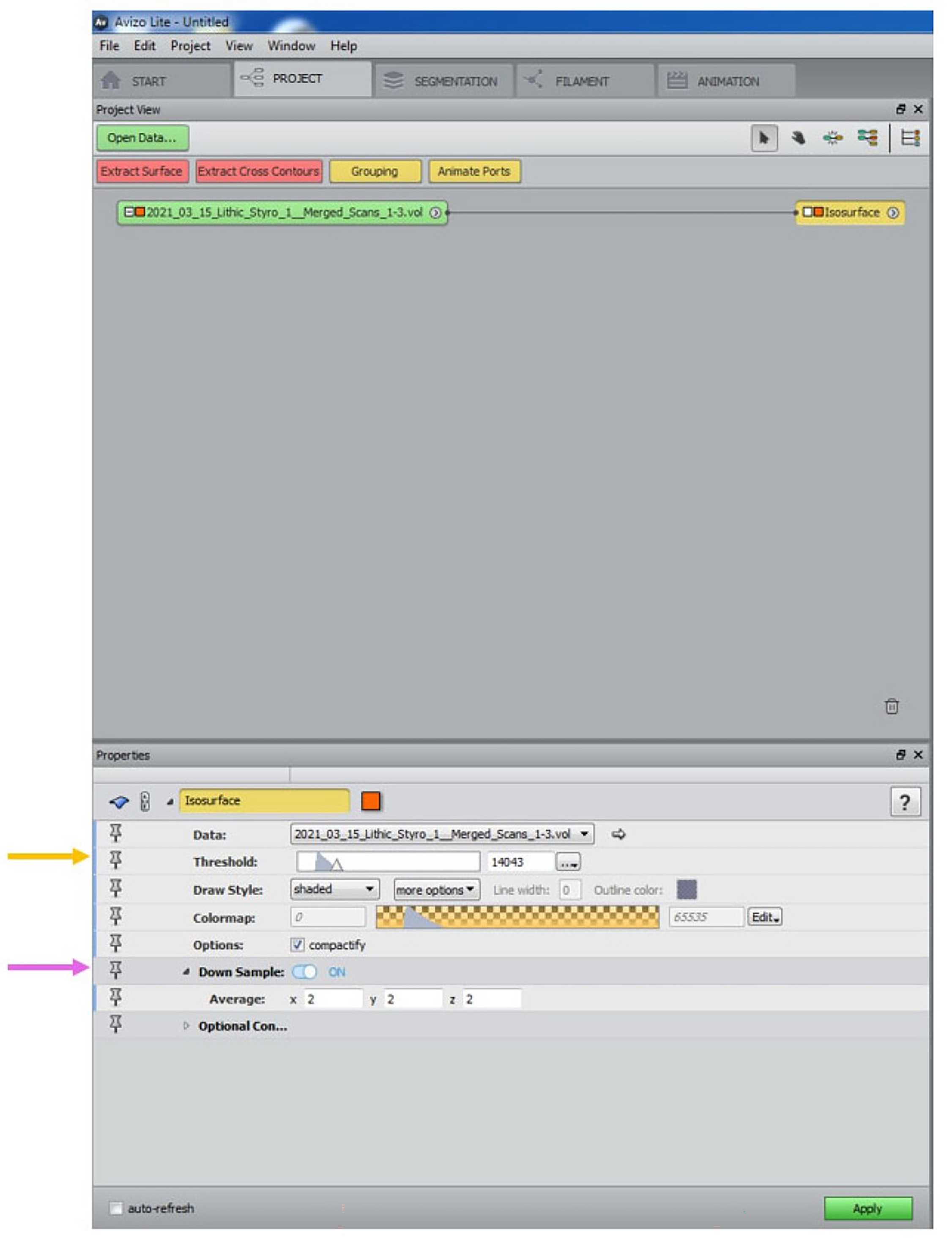 Fig. 12: Project view with generated ‘Isosurface’ label. Parameters for the isosurface can be adjusted in the ‘Properties’ panel below. Fig. 12: Project view with generated ‘Isosurface’ label. Parameters for the isosurface can be adjusted in the ‘Properties’ panel below.