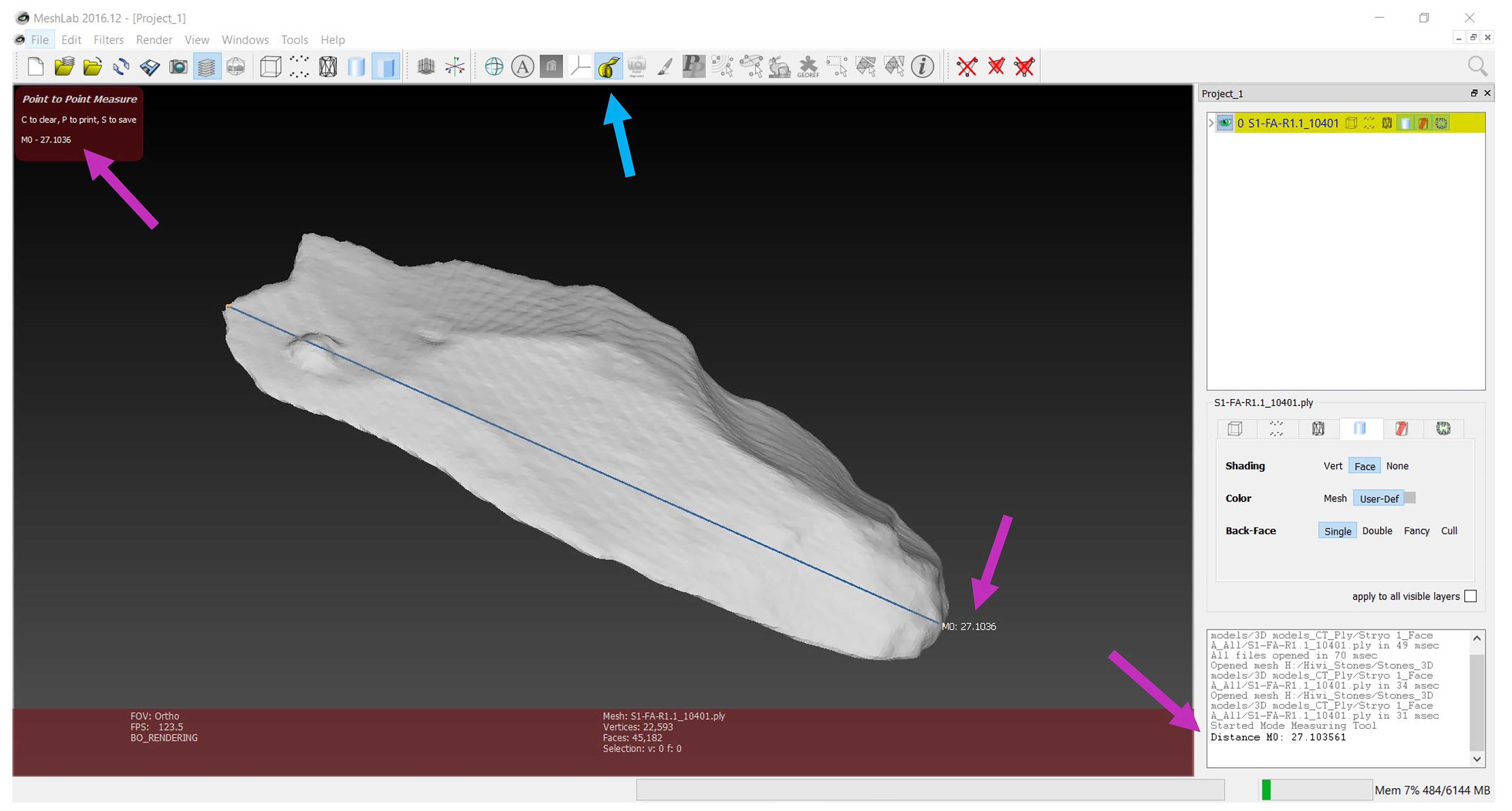 Fig. 33: Artefact opened in MeshLab. The maximum length of the artefact was measured with the measuring tool. The measuring tool is still activated (no tracking ball visible). The measurement value is shown beside the right-most point, in the ‘Point to Point Measure’ panel in the upper left corner of the 3D View Panel, and in the lower right Log Panel (pink arrows). Fig. 33: Artefact opened in MeshLab. The maximum length of the artefact was measured with the measuring tool. The measuring tool is still activated (no tracking ball visible). The measurement value is shown beside the right-most point, in the ‘Point to Point Measure’ panel in the upper left corner of the 3D View Panel, and in the lower right Log Panel (pink arrows).