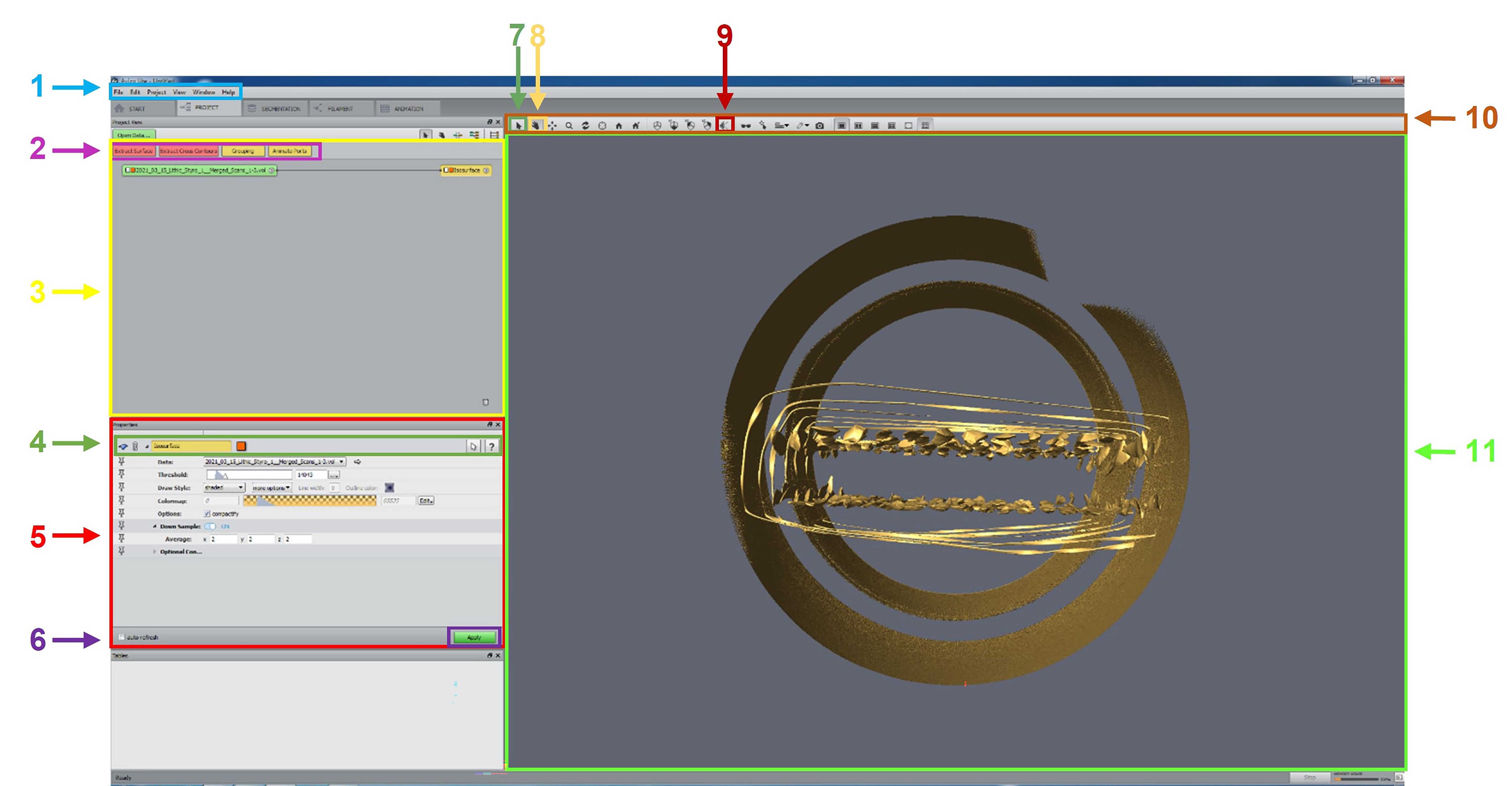 Fig. 5: Program overview of the most important tools and panels used in Avizo.Legend:1 (Main) Menu Bar2 Options Menu Bar of the Label Panel3 Label Panel4 Options Menu Bar of the Properties Panel5 Properties Panel6 Apply Button in the Properties Panel to set new properties to labels7 Courser Tool to select points etc. in the 3D View Panel8 Dragging Tool to move the 3D model in the 3D View Panel9 Orthographic View10 Option Menu Bar for the 3D View Panel11 3D View Panel Fig. 5: Program overview of the most important tools and panels used in Avizo.Legend:1 (Main) Menu Bar2 Options Menu Bar of the Label Panel3 Label Panel4 Options Menu Bar of the Properties Panel5 Properties Panel6 Apply Button in the Properties Panel to set new properties to labels7 Courser Tool to select points etc. in the 3D View Panel8 Dragging Tool to move the 3D model in the 3D View Panel9 Orthographic View10 Option Menu Bar for the 3D View Panel11 3D View Panel
