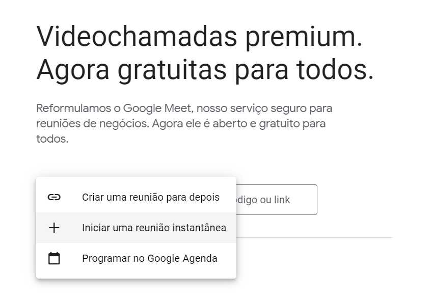 Botão para iniciar uma reunião instantânea do Google Meet. Botão para iniciar uma reunião instantânea do Google Meet.