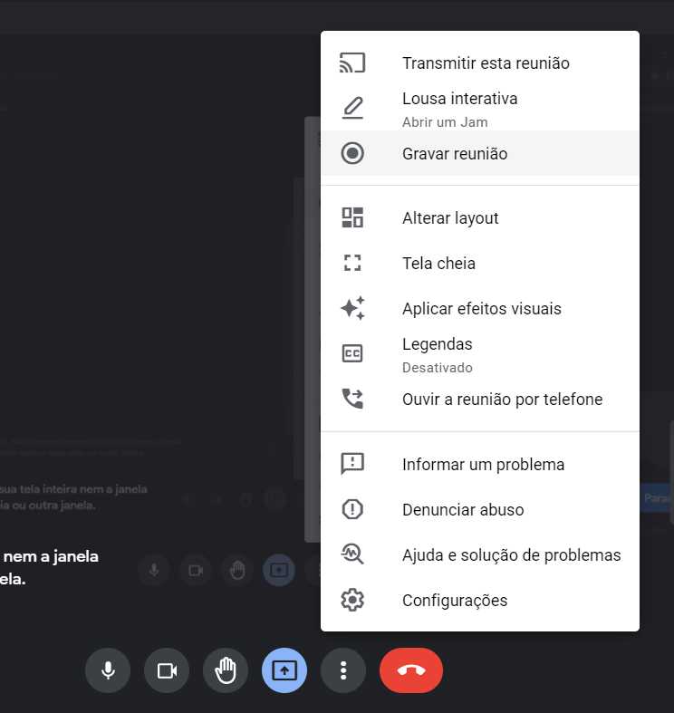 Clique no botão com os três pontos verticais e depois vá em Gravar reunião. Algumas mensagens de aviso irão aparecer para você confirmar antes de iniciar a gravação. Clique no botão com os três pontos verticais e depois vá em Gravar reunião. Algumas mensagens de aviso irão aparecer para você confirmar antes de iniciar a gravação.