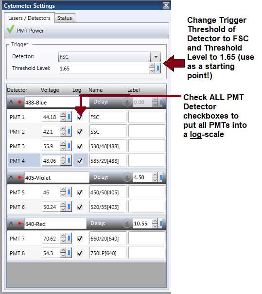 Figure 6. Screenshot of Cytometer Settings to use for initial set-up. Figure 6. Screenshot of Cytometer Settings to use for initial set-up.