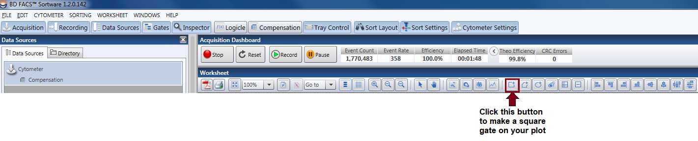 Figure 8. A screenshot of where to find the button within the BD sortware software to be able to create a square gate for your plots. Figure 8. A screenshot of where to find the button within the BD sortware software to be able to create a square gate for your plots.