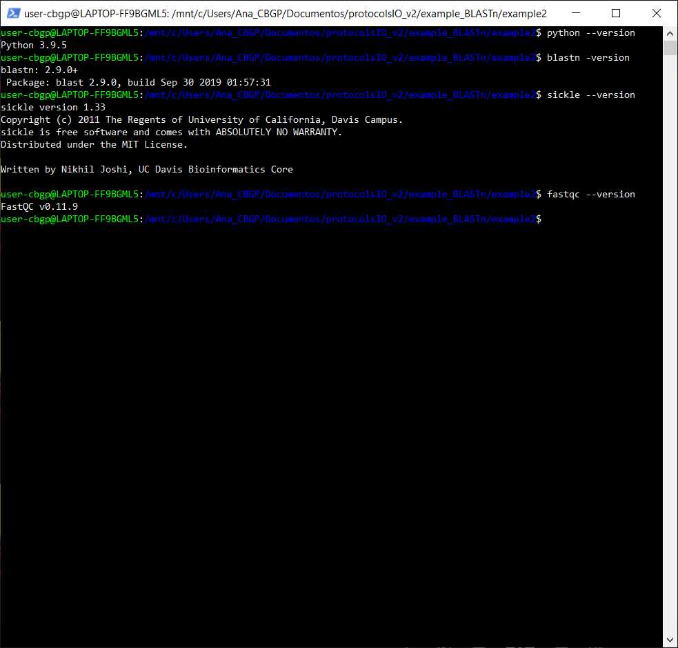 Output in the command line of Python, BLASTn, Sickle and FastQC versions Output in the command line of Python, BLASTn, Sickle and FastQC versions