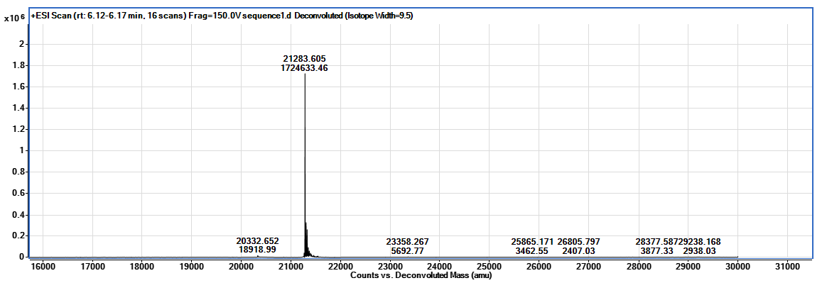 Intact Mass-spectrometry of purified D68EV3C protease sample. Mass spec result showing the purified D68EV3C protease has the expected molecular weight, 21.283 kDa Intact Mass-spectrometry of purified D68EV3C protease sample. Mass spec result showing the purified D68EV3C protease has the expected molecular weight, 21.283 kDa