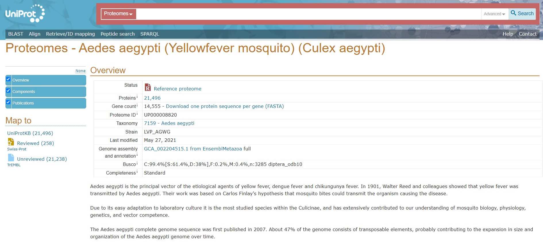 The reference proteome selected for whole proteome screening of Aedes aegypti The reference proteome selected for whole proteome screening of Aedes aegypti