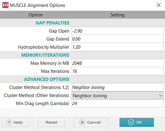 Multiple sequence alignment settings using MUSCLE algorithm in MEGA-X tool Multiple sequence alignment settings using MUSCLE algorithm in MEGA-X tool