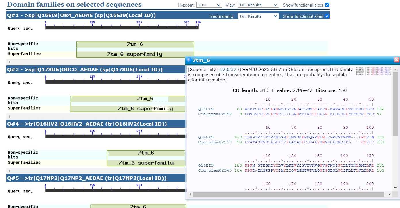 Sample result showing conserved domains for selected query sequences. CD-length, E-value and score are displayed. Sample result showing conserved domains for selected query sequences. CD-length, E-value and score are displayed.