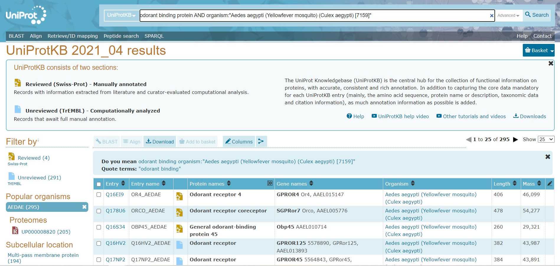 Example output for odorant binding proteins in A. aegypti reference proteome Example output for odorant binding proteins in A. aegypti reference proteome