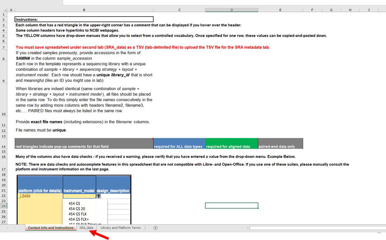 Note: You must save the spreadsheet under the second tab (SRA_data) as a TSV (tab-delimited file) to upload the TSV file for the SRA metadata tab. Note: You must save the spreadsheet under the second tab (SRA_data) as a TSV (tab-delimited file) to upload the TSV file for the SRA metadata tab.