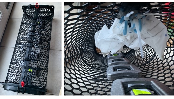 Image on the left: Incubation device ready to be installed on in the sea. Image on the right: A photo showing the inside of the incubation device. Image on the left: Incubation device ready to be installed on in the sea. Image on the right: A photo showing the inside of the incubation device.