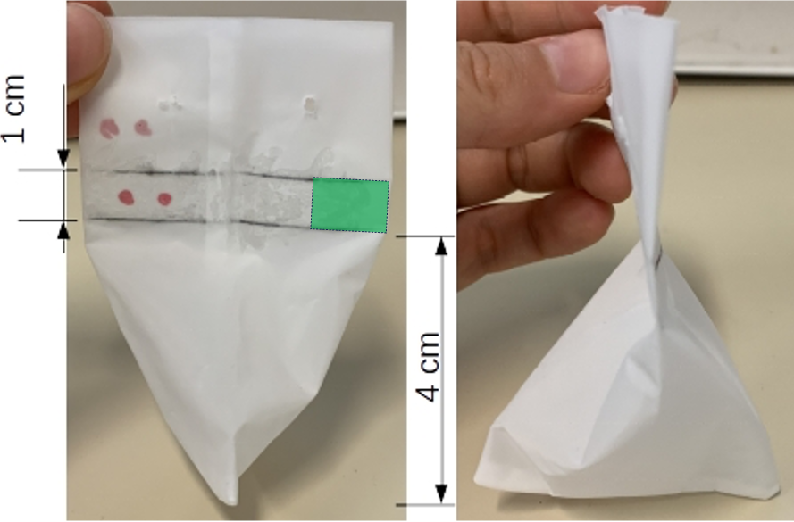 Infusion device to keep microplastics trapped. The green rectangle on the left picture indicates the area not to be glued before adding the particles into the bag. Infusion device to keep microplastics trapped. The green rectangle on the left picture indicates the area not to be glued before adding the particles into the bag.