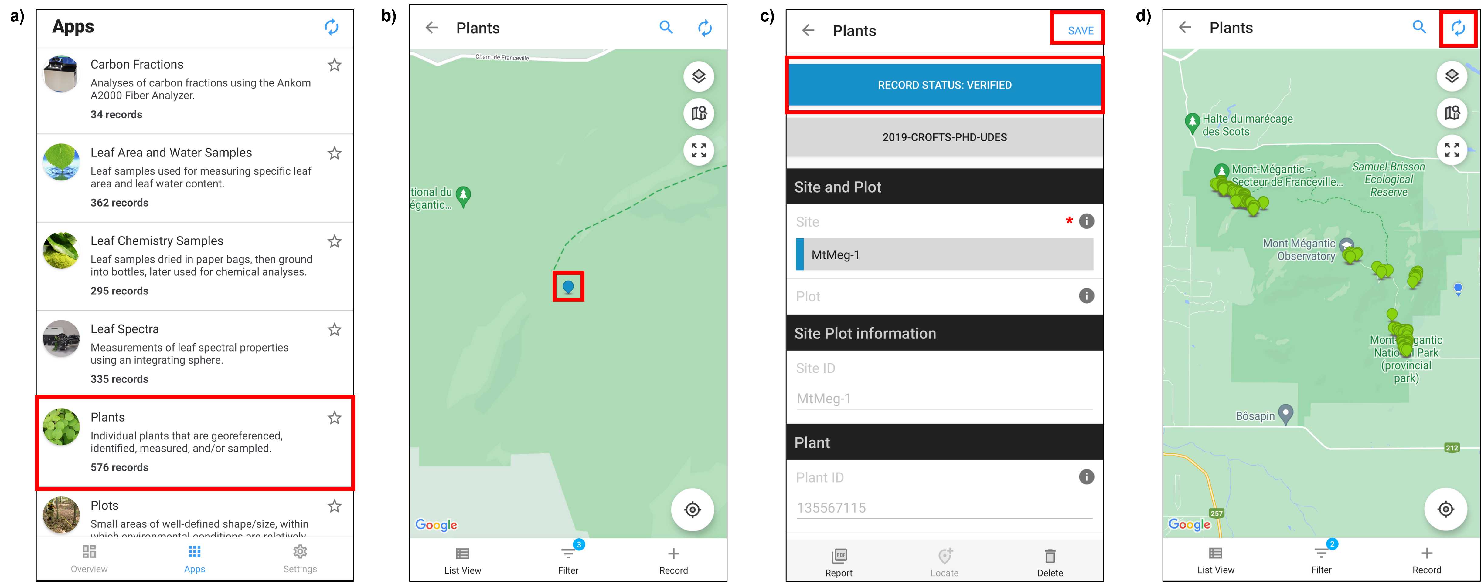 Figure 12. Screenshots from Fulcrum mobile application CABO account. Once the foliar sampling campaign is complete and data has been checked, change the status of all Plant records to Submitted. Select Plants app (panel a) and then, select the appropriate plant record (panel b). In the record, select RECORD STATUS: VERIFIED and change it to SUBMITTED (panel c). Note that the colour of the record status bar will change from blue to green. Select SAVE to save the plant record in Fulcrum (panel c). Once the record status of all plant records are Submitted, sync Fulcrum to upload changes online by selecting the two circular arrows (panel d). Red boxes have been added to screenshots to illustrate selections. Note that Fulcrum can be used via a mobile app or desktop website and that the two are organized differently. Figure 12. Screenshots from Fulcrum mobile application CABO account. Once the foliar sampling campaign is complete and data has been checked, change the status of all Plant records to Submitted. Select Plants app (panel a) and then, select the appropriate plant record (panel b). In the record, select RECORD STATUS: VERIFIED and change it to SUBMITTED (panel c). Note that the colour of the record status bar will change from blue to green. Select SAVE to save the plant record in Fulcrum (panel c). Once the record status of all plant records are Submitted, sync Fulcrum to upload changes online by selecting the two circular arrows (panel d). Red boxes have been added to screenshots to illustrate selections. Note that Fulcrum can be used via a mobile app or desktop website and that the two are organized differently.