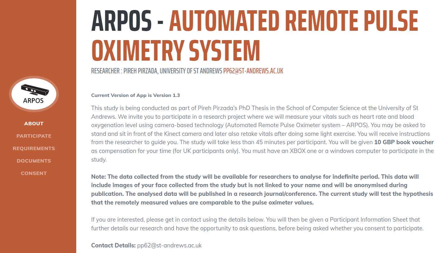ARPOS study website main page showing current version of the applications, description and contact details. ARPOS study website main page showing current version of the applications, description and contact details.