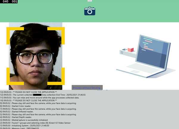 Data Acquisition Application showing participant that their face has been detected and provides detailed log. Data Acquisition Application showing participant that their face has been detected and provides detailed log.