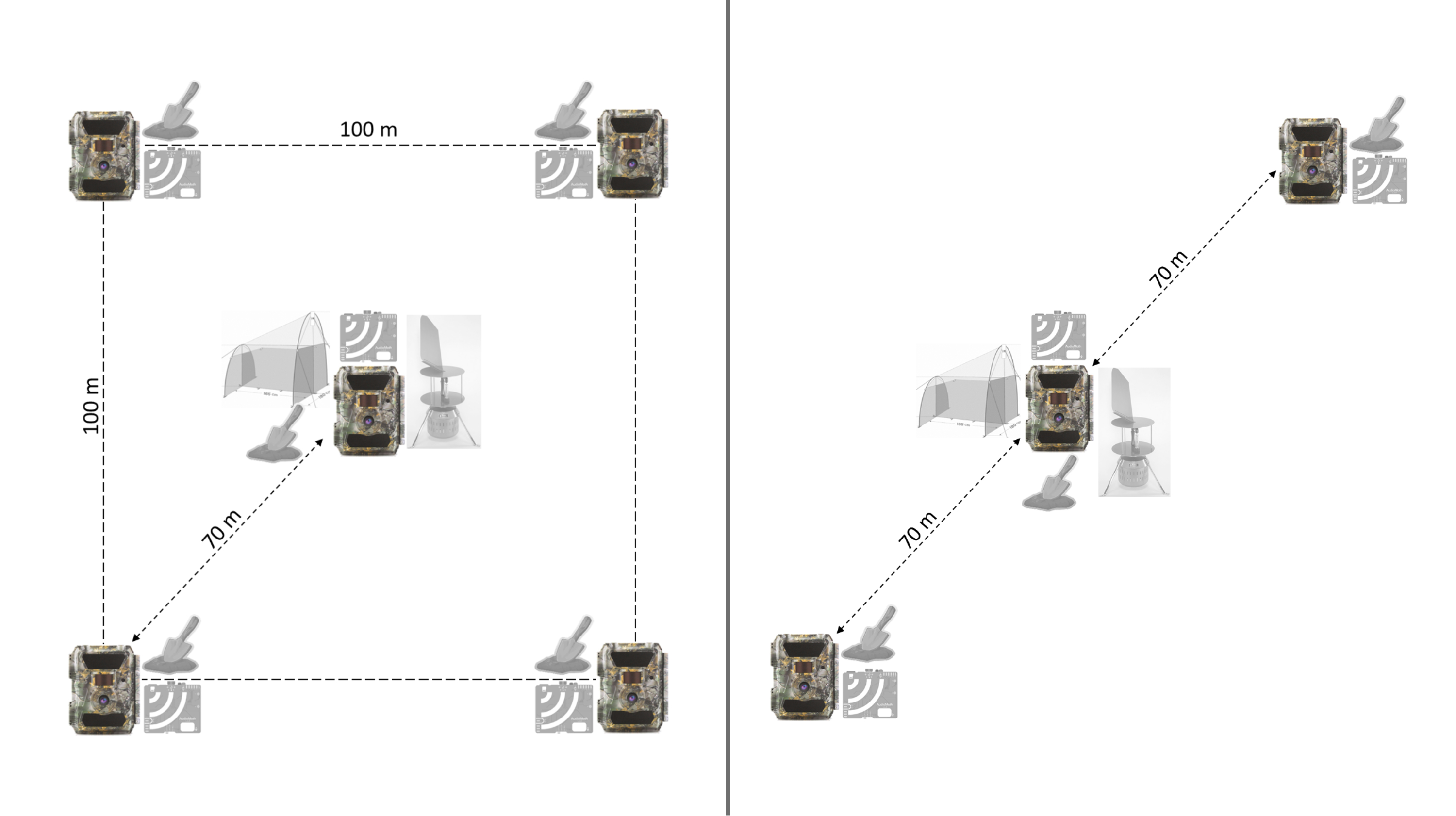 Diagrams of the two different Lifeplan plot designs, with cameras shown in colour and the other Lifeplan equipment shown in grey. Left: Option 1 with five cameras, Right: Option 2 with three cameras. Diagrams of the two different Lifeplan plot designs, with cameras shown in colour and the other Lifeplan equipment shown in grey. Left: Option 1 with five cameras, Right: Option 2 with three cameras.
