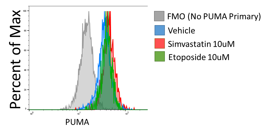 L363 normally upregulate PUMA 2 fold by western. Differences in treatment-induced PUMA upregulation by flow is smaller, closer to 1.4 fold difference after subtracting off MFI of PUMA FMO. This is suggestive of off-target binding of the PUMA antibody that cannot be corrected for with FMO. Nevertheless, this assay still can capture the increase in PUMA by simvastatin and etoposide. L363 normally upregulate PUMA 2 fold by western. Differences in treatment-induced PUMA upregulation by flow is smaller, closer to 1.4 fold difference after subtracting off MFI of PUMA FMO. This is suggestive of off-target binding of the PUMA antibody that cannot be corrected for with FMO. Nevertheless, this assay still can capture the increase in PUMA by simvastatin and etoposide.
