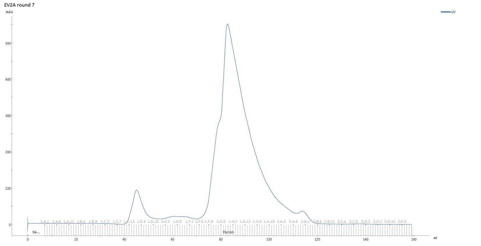 Chromatogram of coxsackievirus A16 2A protease SEC run: Fractions F9-H8 were analyzed by SDS-PAGE to see which contained the target protein Chromatogram of coxsackievirus A16 2A protease SEC run: Fractions F9-H8 were analyzed by SDS-PAGE to see which contained the target protein