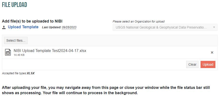 Figure 43. NIBI File Upload screen with file selected. Figure 43. NIBI File Upload screen with file selected.