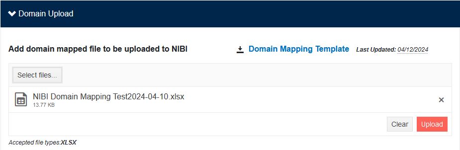 Figure 40. NIBI domain mapping upload file selected. Figure 40. NIBI domain mapping upload file selected.