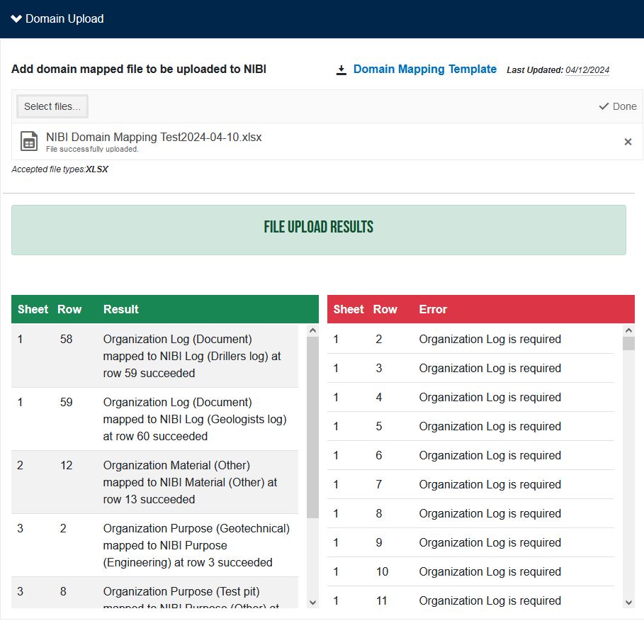 Figure 41. NIBI domain mapping file upload results tables. Figure 41. NIBI domain mapping file upload results tables.