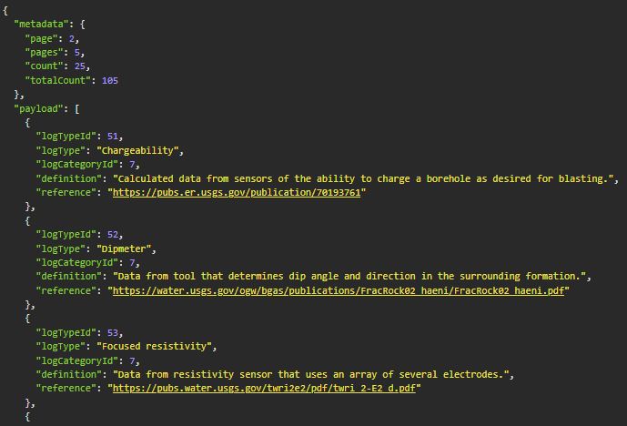 Figure 49. Screenshot of top part of NIBI REST API GET request response for Logs, page 2 of 5. Figure 49. Screenshot of top part of NIBI REST API GET request response for Logs, page 2 of 5.