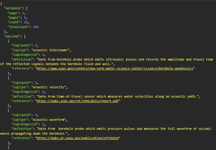Figure 48. Screenshot of top part of NIBI REST API GET request response for Logs, page 1 of 5. Figure 48. Screenshot of top part of NIBI REST API GET request response for Logs, page 1 of 5.
