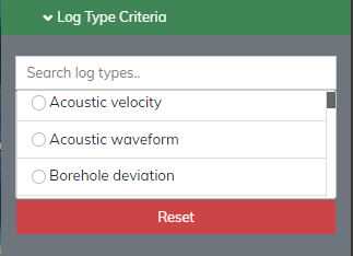 Figure 17. Log Type filter interface (also used for Material Type, Organization, and Purpose). Figure 17. Log Type filter interface (also used for Material Type, Organization, and Purpose).