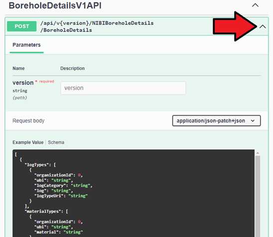 Figure 47. NIBI REST API Swagger instructions, expanded to show POST request format for the BoreholeDetails table. Figure 47. NIBI REST API Swagger instructions, expanded to show POST request format for the BoreholeDetails table.