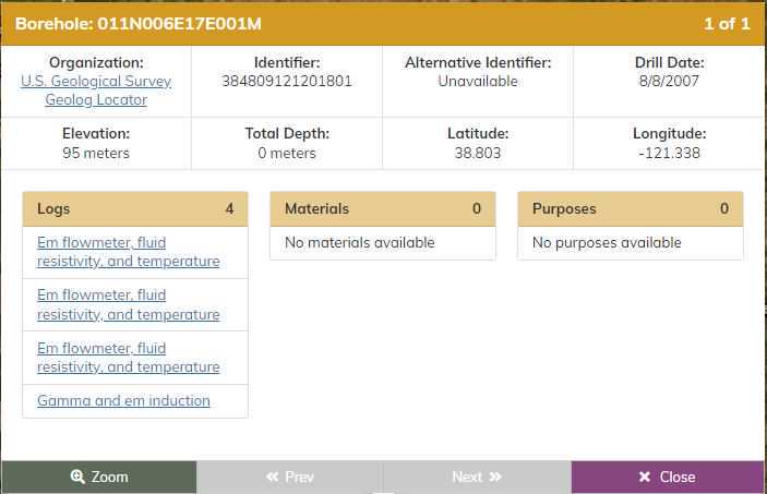 Figure 24. NIBI Map Viewer pop-up showing borehole metadata with multiple logs. Figure 24. NIBI Map Viewer pop-up showing borehole metadata with multiple logs.