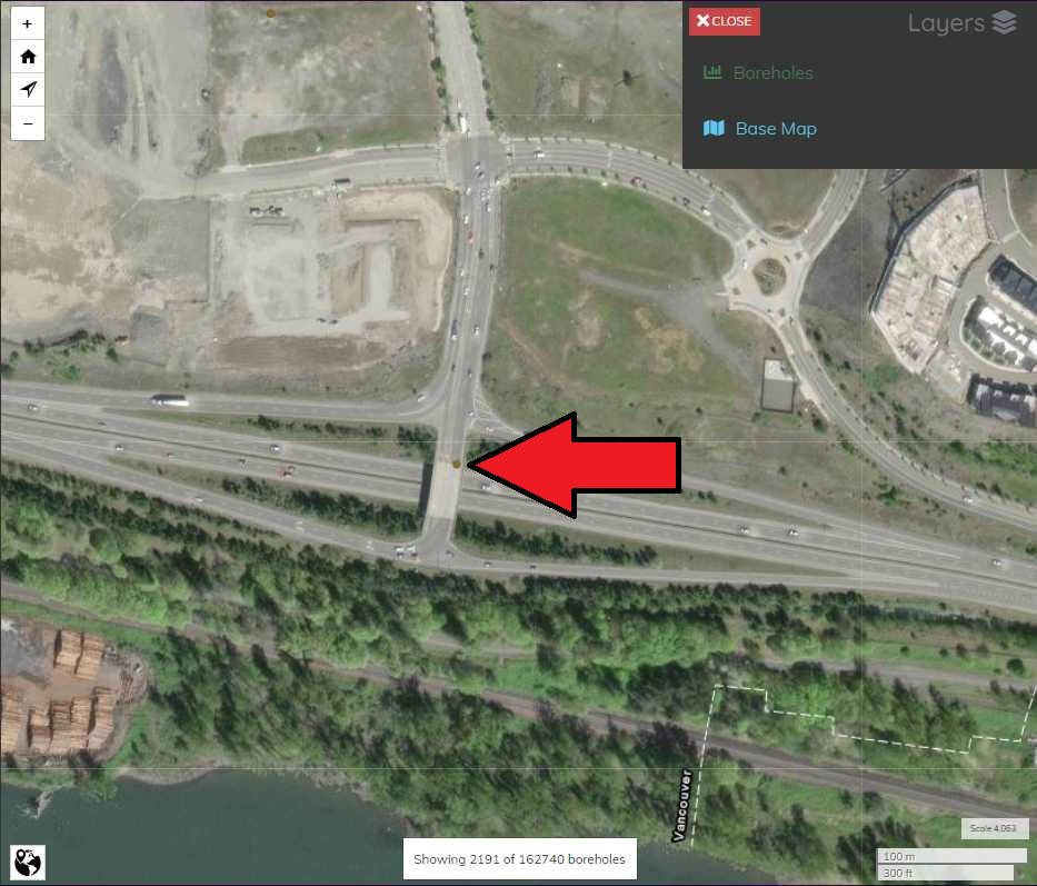 Figure 23. NIBI Map Viewer zoomed into single borehole record (point highlighted by red arrow). Figure 23. NIBI Map Viewer zoomed into single borehole record (point highlighted by red arrow).
