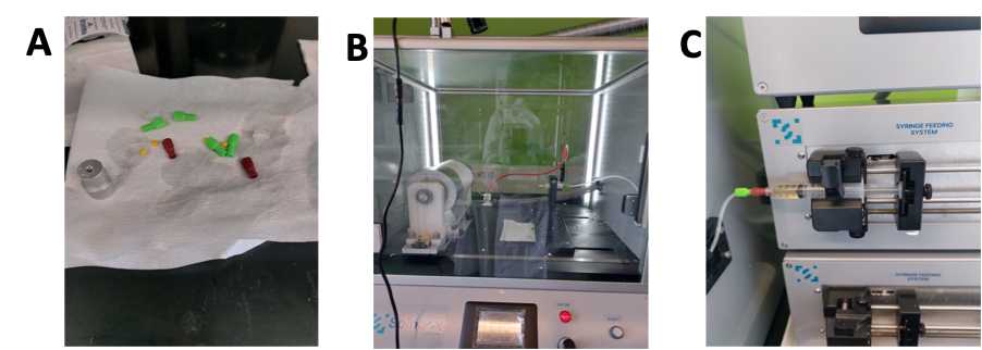 Figure 2. Electrospinning set up. A) Electrospinning accessories B) Spinning set up containing spinning needle and collector C) Feeding pump Figure 2. Electrospinning set up. A) Electrospinning accessories B) Spinning set up containing spinning needle and collector C) Feeding pump