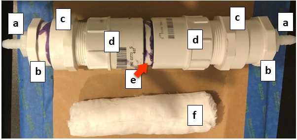Vertical Modified Moore Swab Cartridge assembly (parts a - e), and Modified Moore Swab (part f). Vertical Modified Moore Swab Cartridge assembly (parts a - e), and Modified Moore Swab (part f).
