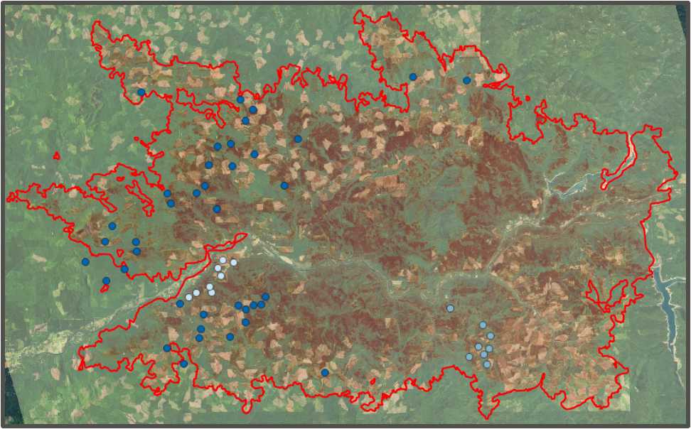 Figure 1: Map of Holiday Farm fire with all stands (NCASI heritage, enhanced, and control stands), we will be surveying a subset and not revisiting all NCASI heritage stands Figure 1: Map of Holiday Farm fire with all stands (NCASI heritage, enhanced, and control stands), we will be surveying a subset and not revisiting all NCASI heritage stands