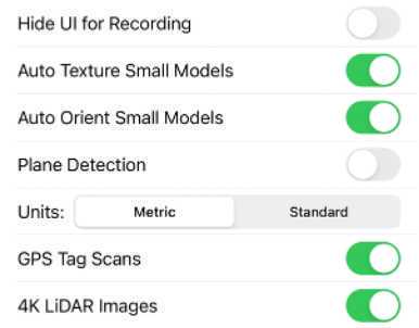 From the default ‘Camera interface’, navigate to the ‘Ccans’ interface and press the ‘Cettings’ gear symbol in the lower left corner. Adapt the settings according to the screenshot on the right. Only enable 4K LiDAR images when you are familiar with the app and after checking the phones available storage. From the default ‘Camera interface’, navigate to the ‘Ccans’ interface and press the ‘Cettings’ gear symbol in the lower left corner. Adapt the settings according to the screenshot on the right. Only enable 4K LiDAR images when you are familiar with the app and after checking the phones available storage.
