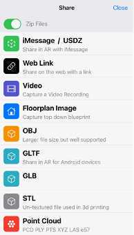 Share interface with different export format options. Enable 'Zip Files' and press 'OBJ' or 'Point Cloud'. Share interface with different export format options. Enable 'Zip Files' and press 'OBJ' or 'Point Cloud'.