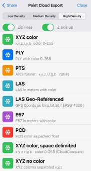 Point Cloud Export interface. Select 'High Density', enable 'Zip Files' and 'Z axis up'. Press 'LAS' or 'LAS Geo-Referenced'. Point Cloud Export interface. Select 'High Density', enable 'Zip Files' and 'Z axis up'. Press 'LAS' or 'LAS Geo-Referenced'.